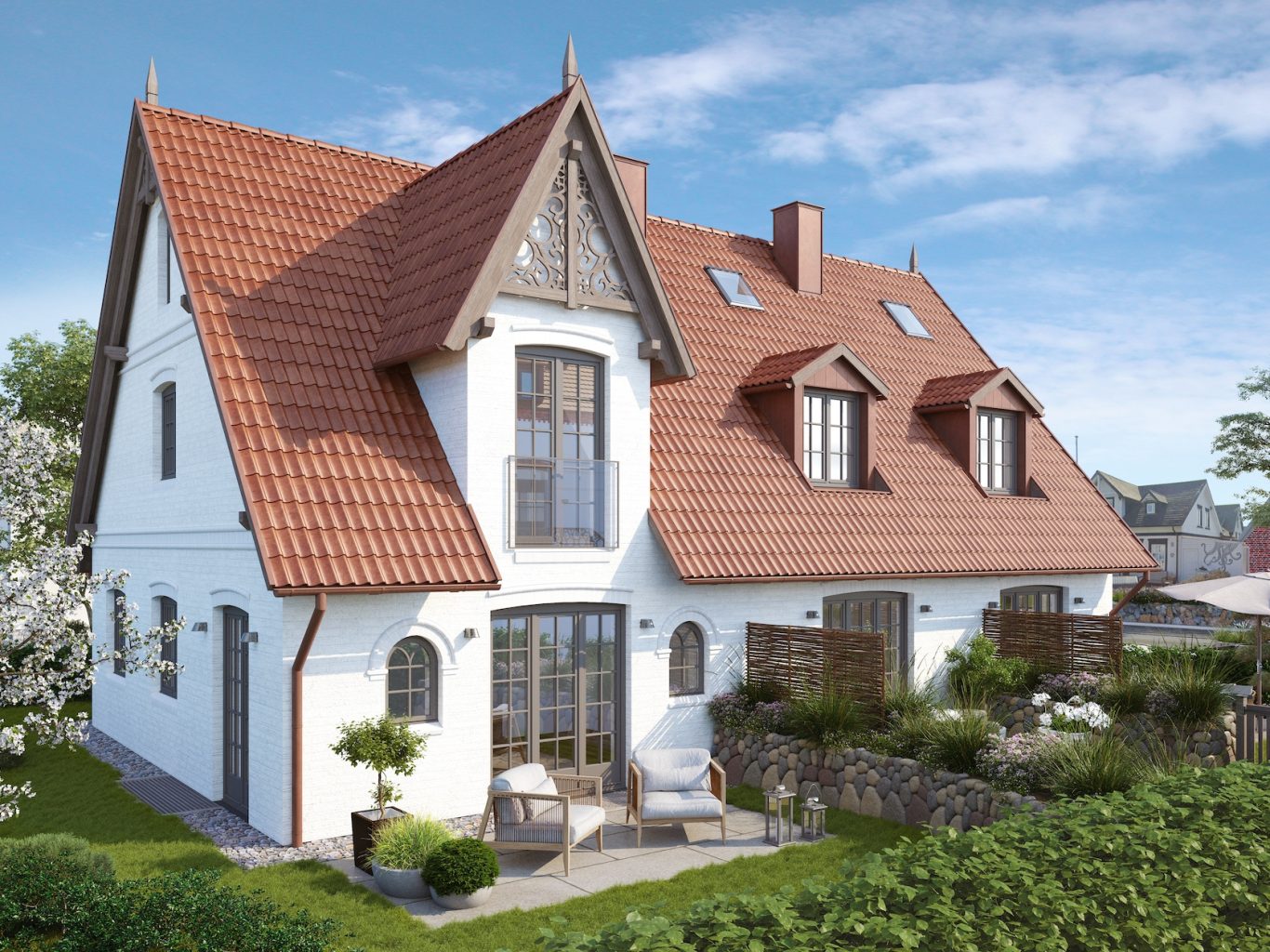 Ein großes, freistehendes Haus vom Garten aus betrachtet
