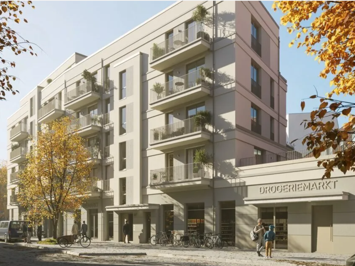 Rendering eines modernen, großen Mehrfamilienhauses